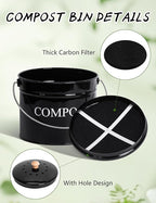 Compost Bin - 1 Gallon Countertop Composter with Lid and Charcoal Filters, Rust Proof Indoor Bucket for Kitchen Food Waste