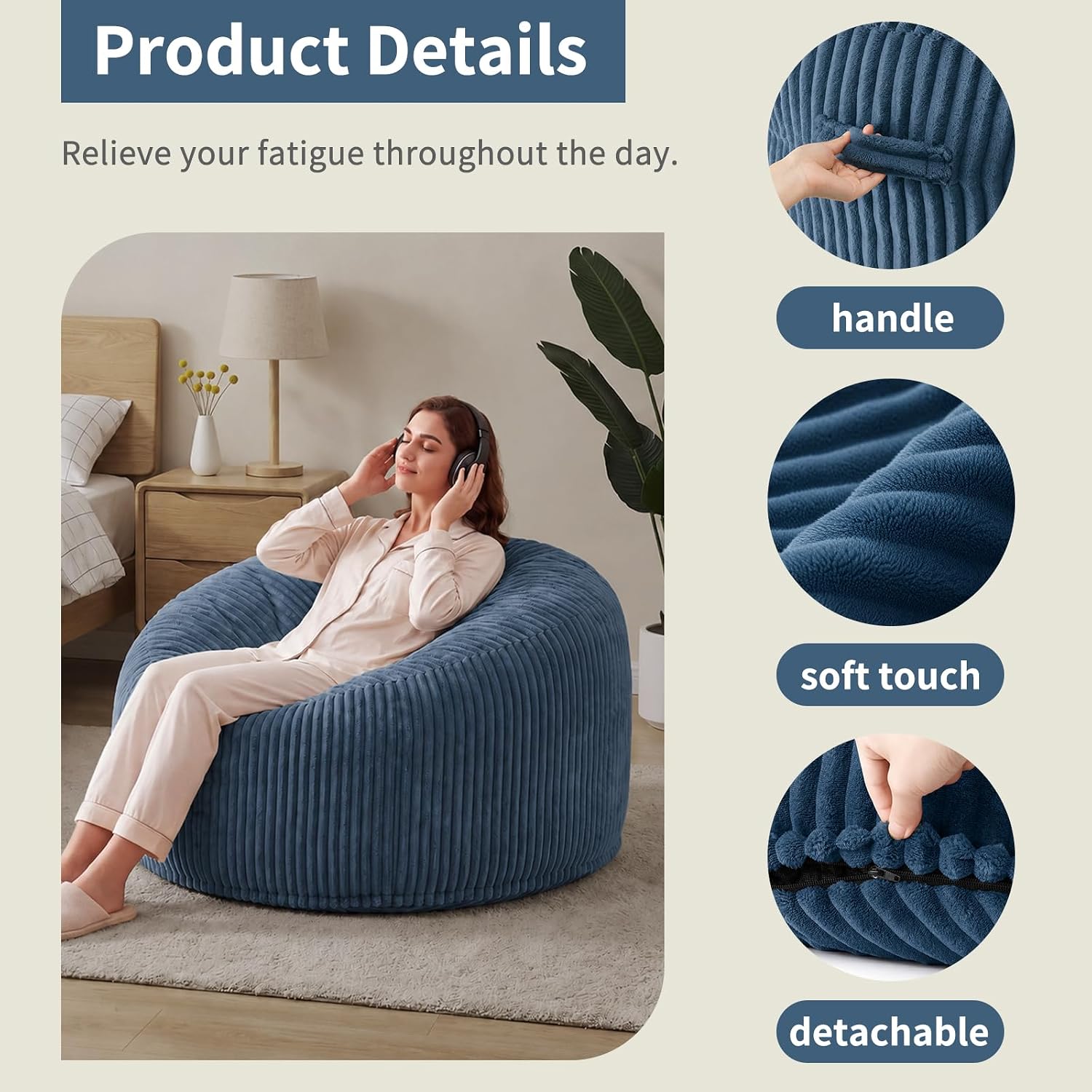 3FT Bean Bag Chairs for Adults, Medium Memory Foam Beanbags with Machine-Washable Wide Stripe Plush Cover Bean Bag Chair for Living Room Bedroom Dorm Office-Dusty Blue