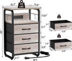 runjuly Bed Side Table with 3 Fabric Drawers, Night Stand with Charging Station, LED Nightstand with Hooks, Bedside Table End Tables with Storage, Night Tables for Bedroom (Beige)