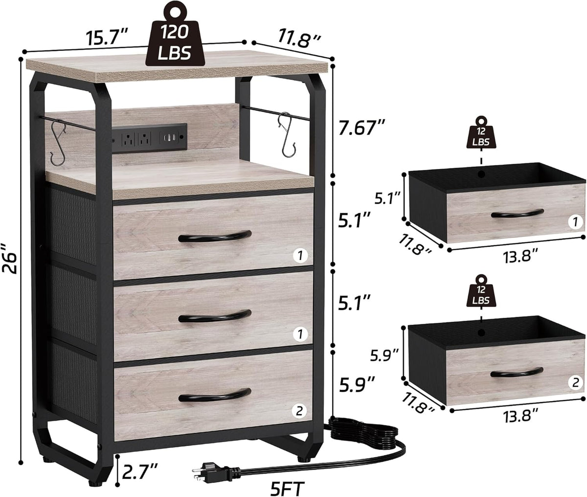 runjuly Bed Side Table with 3 Fabric Drawers, Night Stand with Charging Station, LED Nightstand with Hooks, Bedside Table End Tables with Storage, Night Tables for Bedroom (Beige)