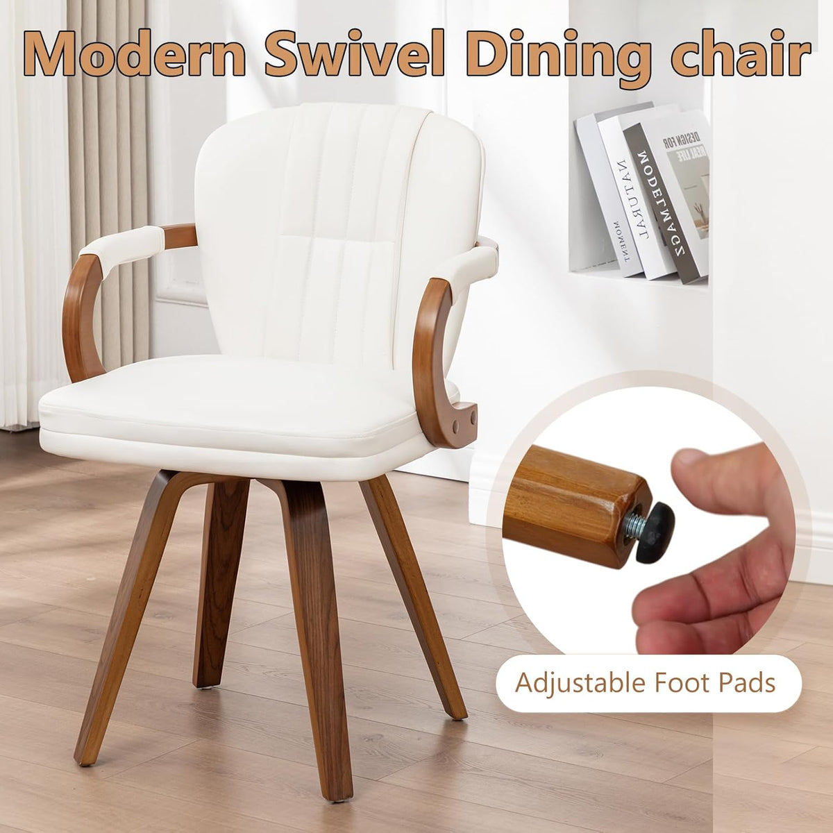 Swivel Dining Chairs Set of 4 Mid Century Modern White Faux Leather Upholstered Kitchen Chairs with Bentwood Frame Armrests Side Chairs,Comfortable Ergonomic Wood Accent Chair No Wheels