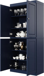 Palace Imports Solid Wood Kitchen Pantry Cabinet - 71.5" Tall x 32" Wide - Wooden Storage Cabinet with 4 Doors & Adjustable Shelves, Navy Blue, 100% Renewable Eco-Friendly Wood, Made in Brazil