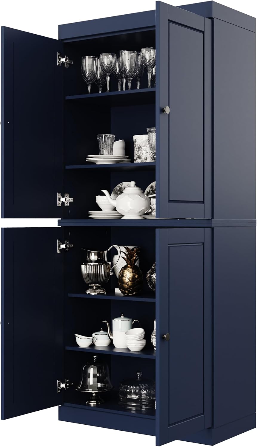 Palace Imports Solid Wood Kitchen Pantry Cabinet - 71.5" Tall x 32" Wide - Wooden Storage Cabinet with 4 Doors & Adjustable Shelves, Navy Blue, 100% Renewable Eco-Friendly Wood, Made in Brazil