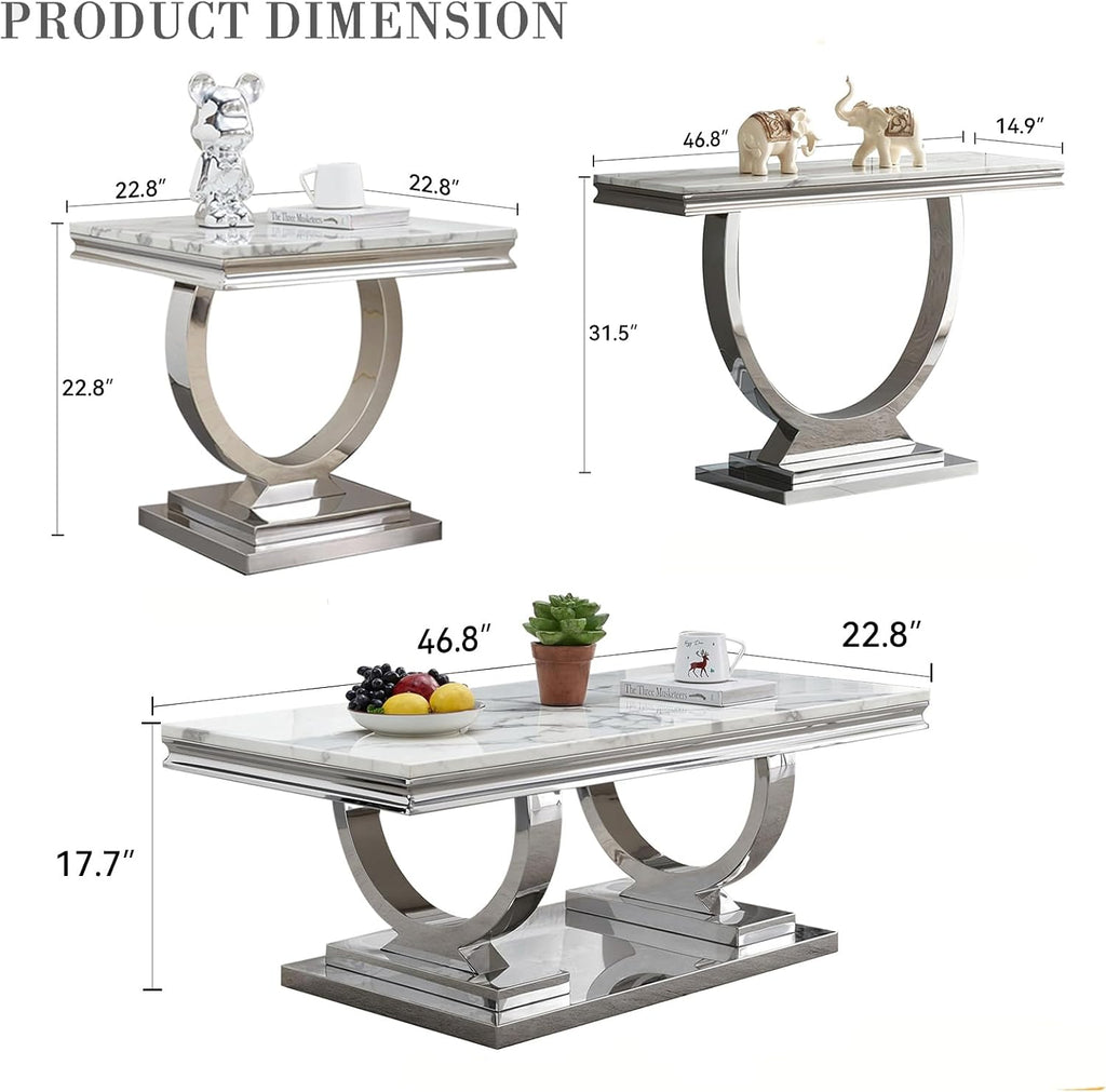 SSLine Modern 4 Piece Living Room Table Set, Includes 1 Coffee Table & 2 End Tables & 1 Console Table, Luxury Faux Marble Coffee Table Set with O-Shape Stainless Steel Base,White Marble& Silver