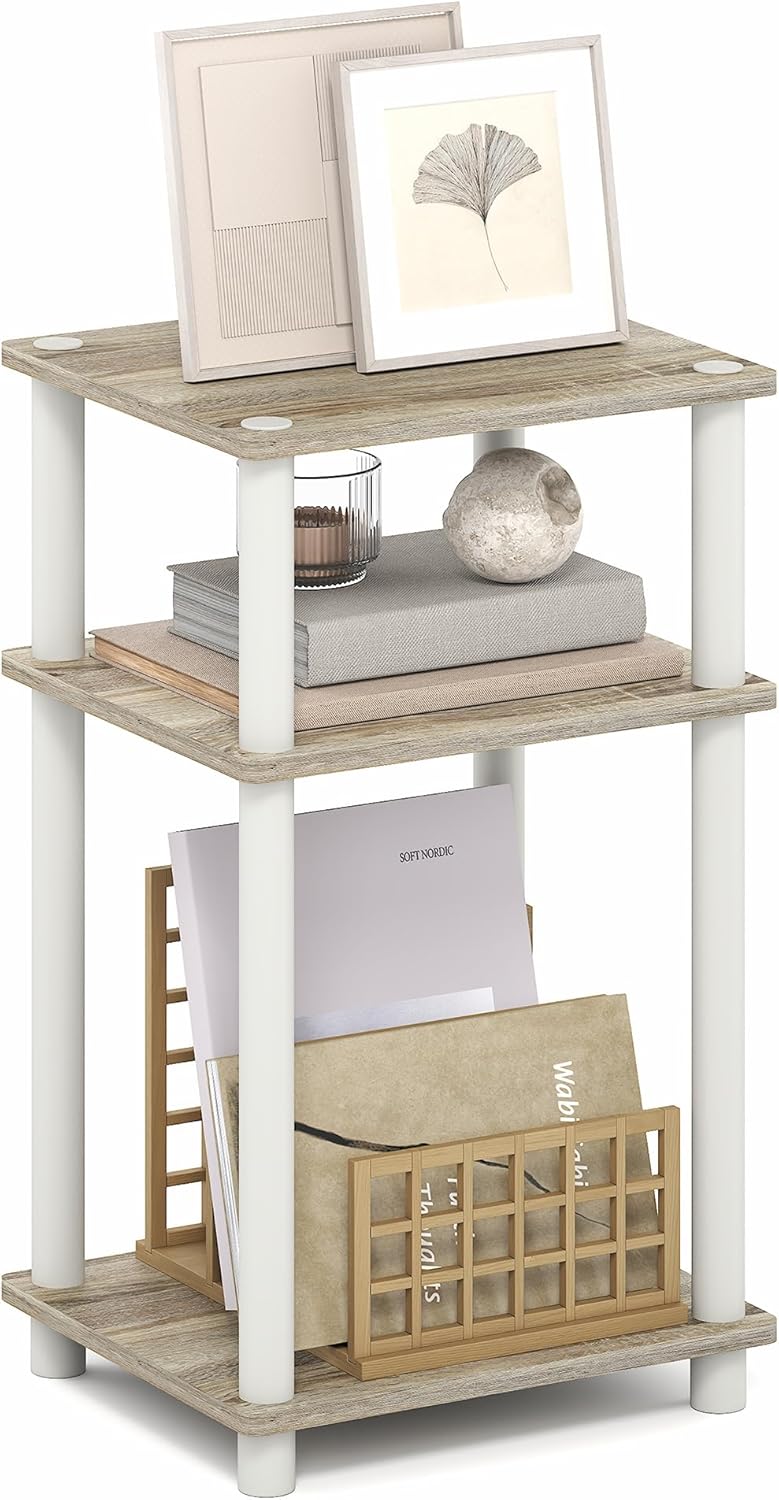 Furinno Turn-N-Tube Side Table, 3-Tier End Table with Open Shelf, Toolless Assembly Night Stand, Bedside Table, for Living Room, Bedroom, Light Oak