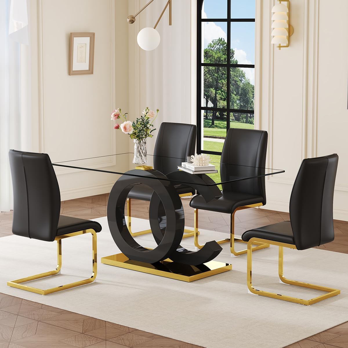 63" Glass Dining Table Set for 4, Modern Dining Table Set for 4, Tempered Glass Tabletop with Black OC-Shaped Legs and Gold Base, Black Gold Kitchen Table Set with 4 Cantilever Upholstered Chairs