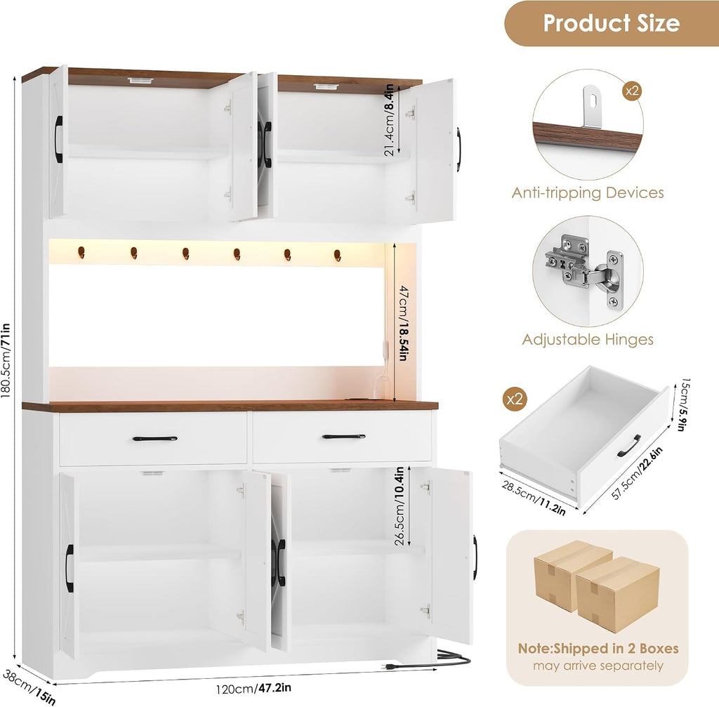 HIFIT 71" LED Pantry Cabinet with Charging Station, Tall Coffee Bar Cabinet | Farmhouse Kitchen Hutch Cabinet with Storage, Large Countertop, 7 Metal Cup Hooks, White