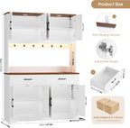 HIFIT 71" LED Pantry Cabinet with Charging Station, Tall Coffee Bar Cabinet | Farmhouse Kitchen Hutch Cabinet with Storage, Large Countertop, 7 Metal Cup Hooks, White