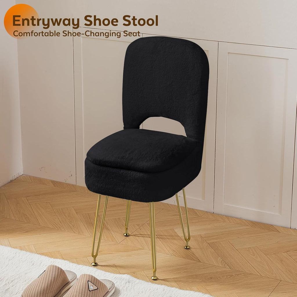BRIAN & DANY Vanity Chair with Storage and Folding Back, Faux Fur Square Storage Chair, Vanity Stool Chair with 4 Metal Legs for Bedroom, Living Room and Makeup Stations, 13.4"x 15"x 30", Black