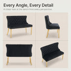 Upholstered Dining Bench with Back, Black, Gold Finish Steel Legs | Tufted Loveseat Bench with Nailhead Trim, Banquette Seating for Dining Room, Entryway