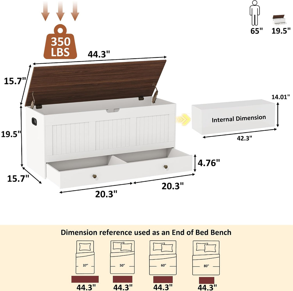 HOMEFORT 44.3" Storage Chest with 2 Drawers, Retro Wooden Storage Trunk with 2 Safety Hinges,Large Shoe Bench with Storage for Entryway, Storage Bench for Bedroom, Living Room, White and Brown