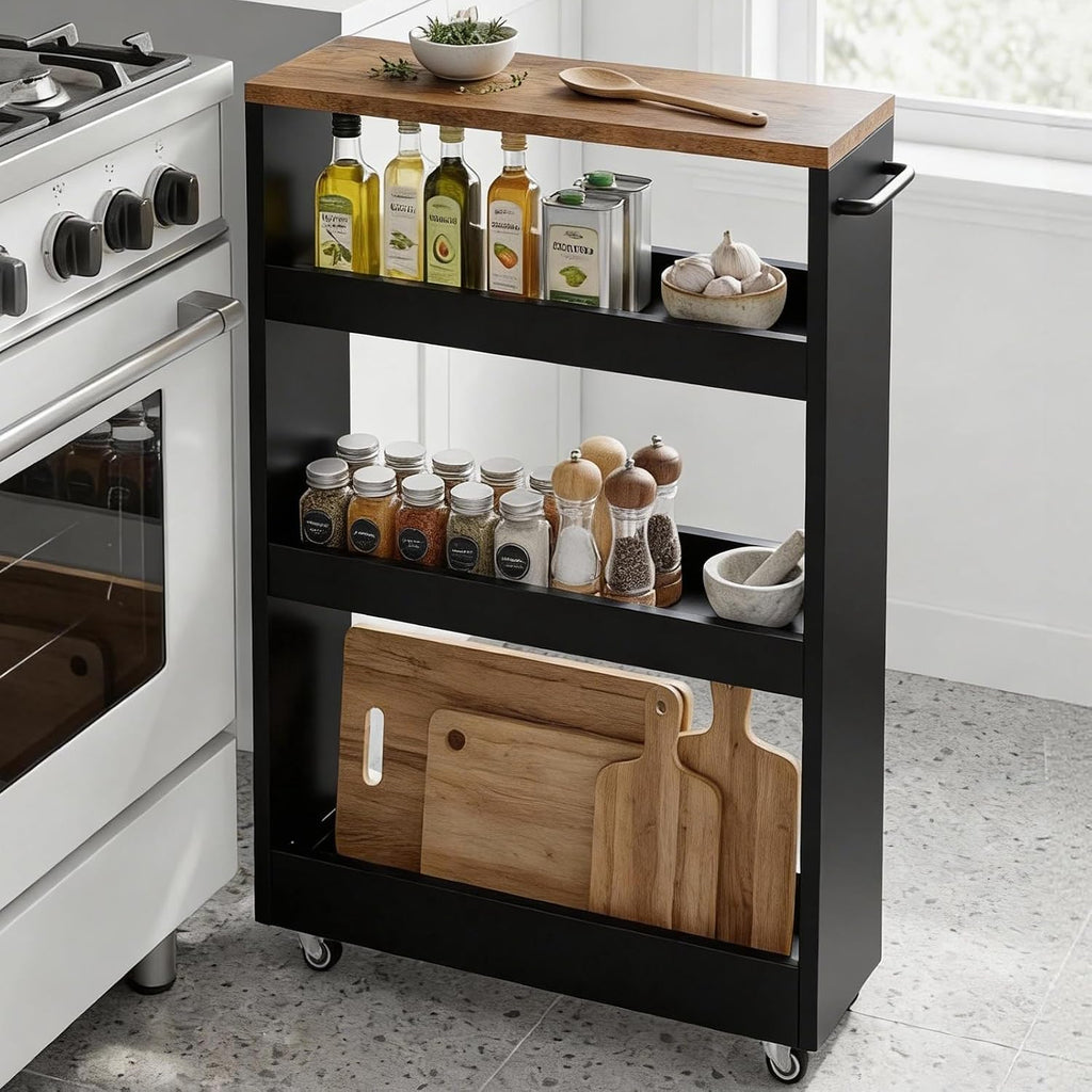 TEAMIX Wood 4-Tier Slim Rolling Storage Cart, 7.9"W, 24.8"D, 36.7"H, Black | Height Adjustable, 360°Swivel Wheels, Deeper & Taller, Use as Narrow Kitchen Cart, Laundry Organizer Between Washer & Dryer