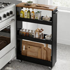 TEAMIX Wood 4-Tier Slim Rolling Storage Cart, 7.9"W, 24.8"D, 36.7"H, Black | Height Adjustable, 360°Swivel Wheels, Deeper & Taller, Use as Narrow Kitchen Cart, Laundry Organizer Between Washer & Dryer