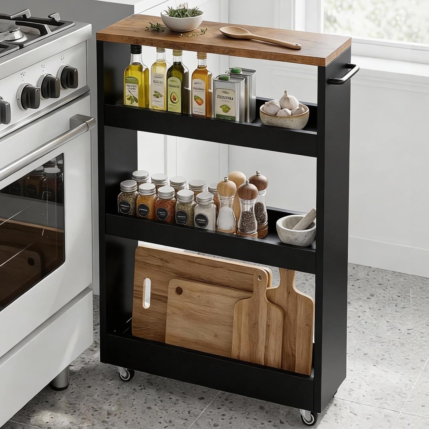 TEAMIX Wood 4-Tier Slim Rolling Storage Cart, 7.9"W, 24.8"D, 36.7"H, Black | Height Adjustable, 360°Swivel Wheels, Deeper & Taller, Use as Narrow Kitchen Cart, Laundry Organizer Between Washer & Dryer