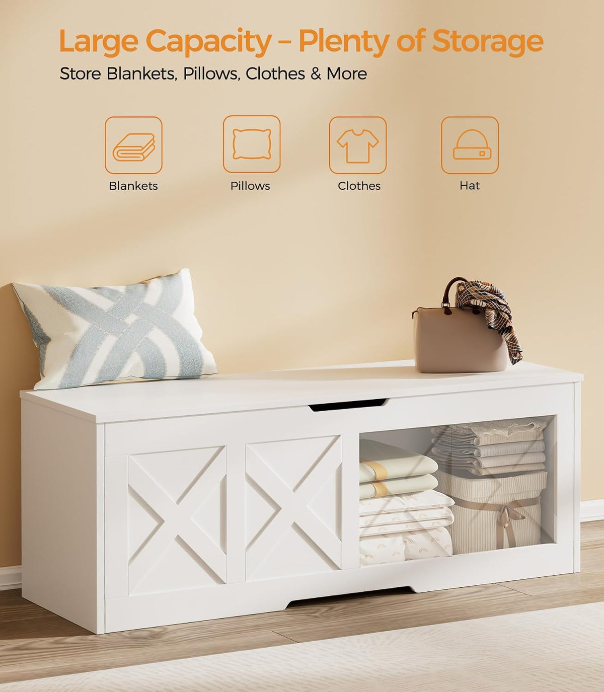 Homleke 47.2" Extra-Large Wooden Storage Chest, Farmhouse Storage Bench | with Safety Hinge, Easy Assembly, for Bedroom, Living Room & Entryway, White