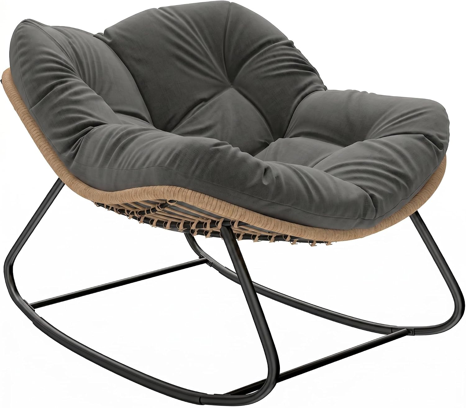 Outsunny Papasan Rocking Chair, Wicker Oversized Indoor Outdoor Rocking Papasan Chair with Cushion, PE Rattan Outdoor Rocker Egg Chairs for Living Room, Garden, Patio, Balcony, Dark Gray