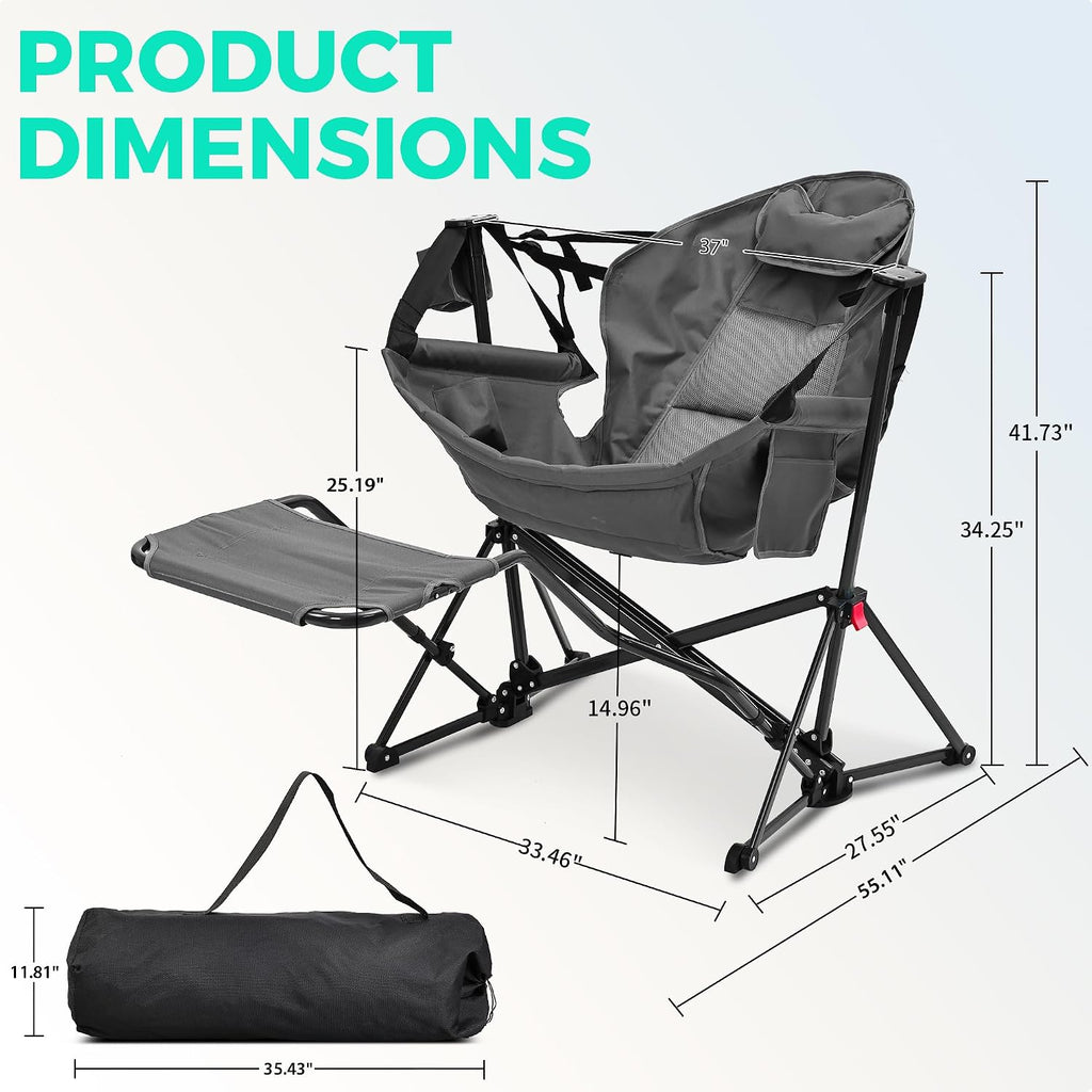 Ainfox Hammock Camping Chair with Footrest, Foldable Portable Rocking Chairs for Adults Outside Swinging Camp with Cup Holder Pillow for Outdoor Patio Poolside (Dark Grey)