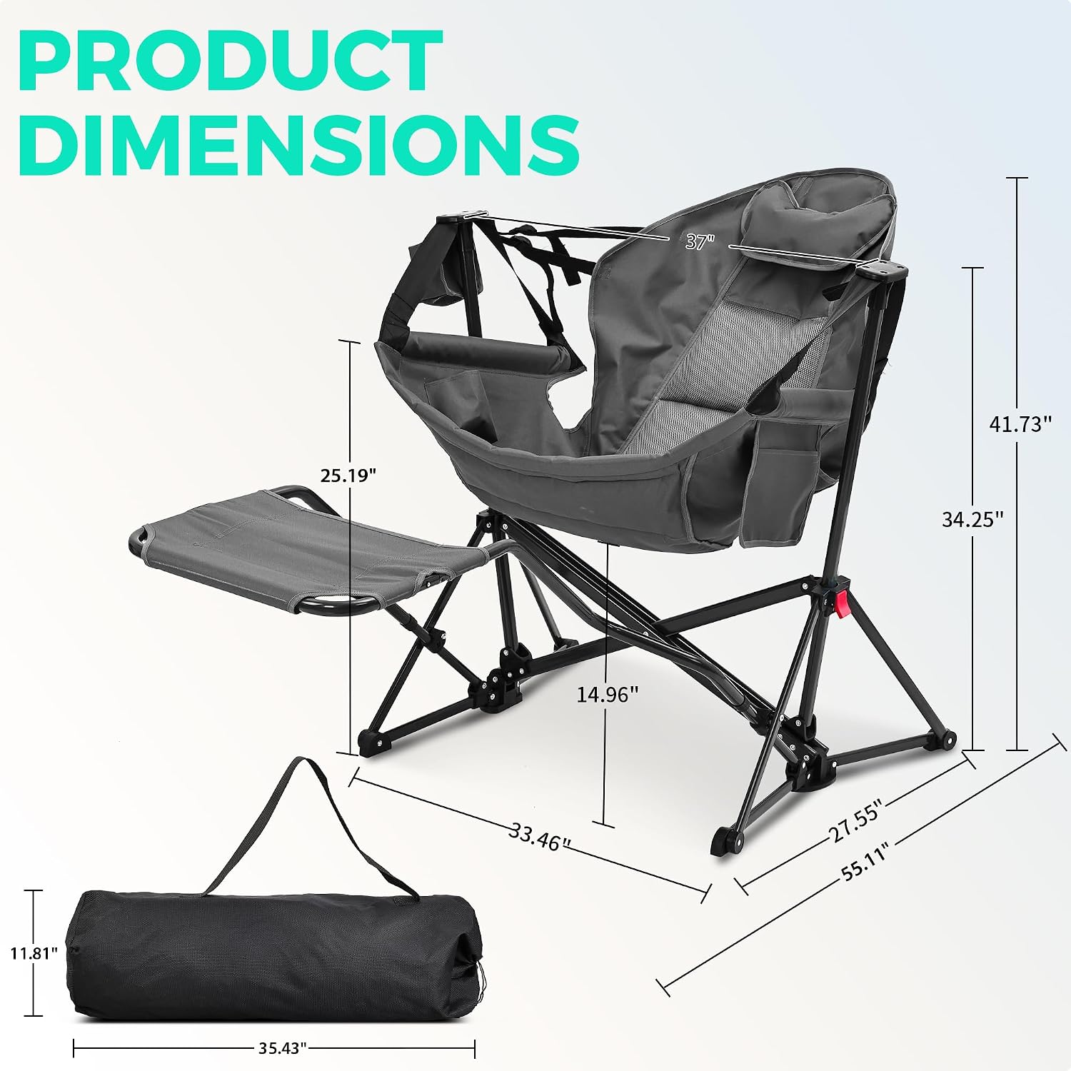 Ainfox Hammock Camping Chair with Footrest, Foldable Portable Rocking Chairs for Adults Outside Swinging Camp with Cup Holder Pillow for Outdoor Patio Poolside (Dark Grey)