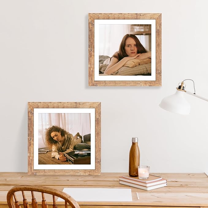 12x12 Picture Frame Set of 4 with Tempered Glass, Rustic Brown Frame Display 10x10 Pictures with Mat or 12 x 12 Without Mat, Wood Square Photo Frames for Desktop Display and Wall Mounting