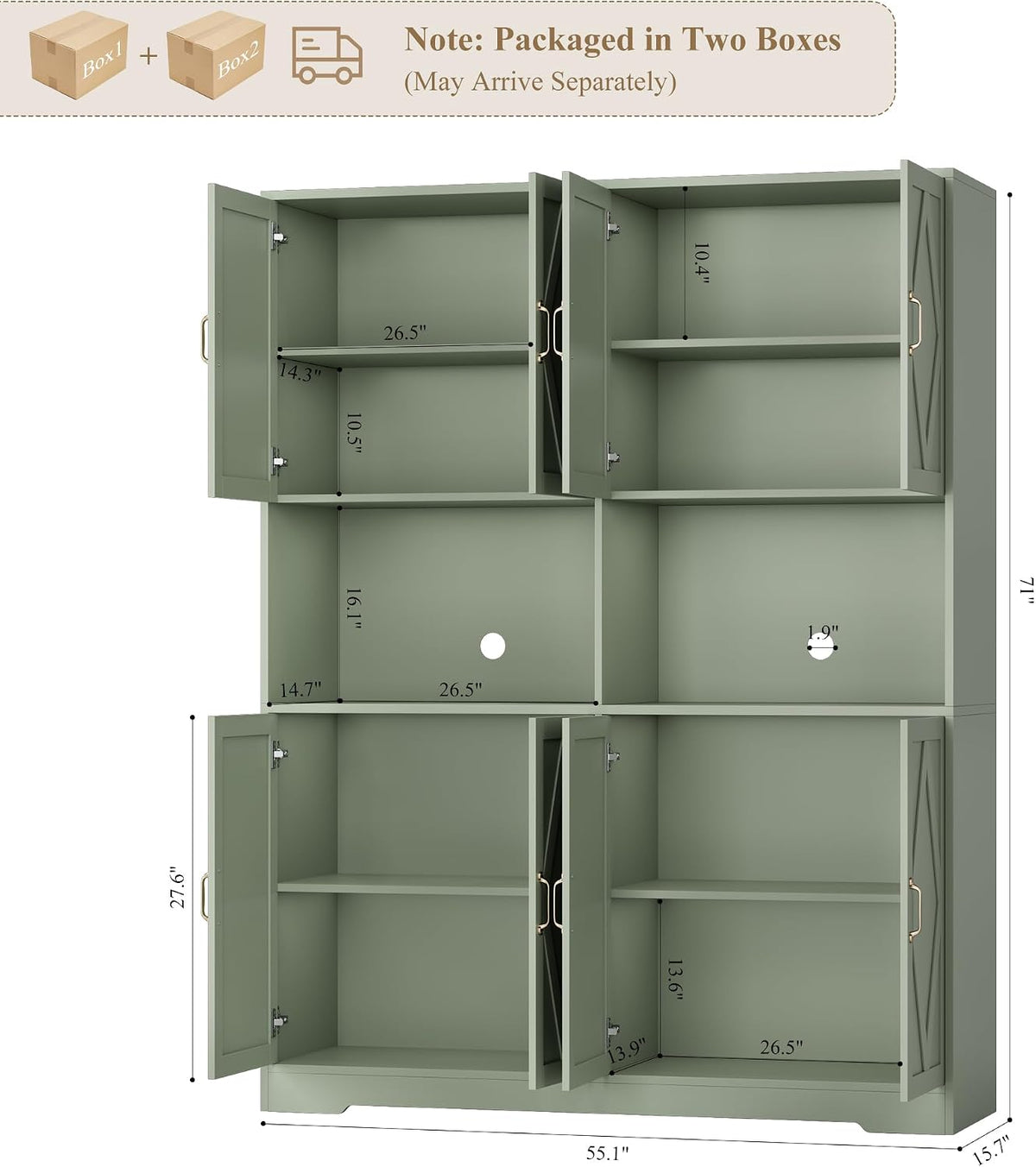HOSTACK 55" W Pantry Cabinet, 71" Tall Kitchen Hutch Storage Cabinet, Green | Farmhouse Hutch Cabinet with 2 Independant Countertops, 4 Large Storage Cabinets with Shelves / Accent Doors for Dining Room