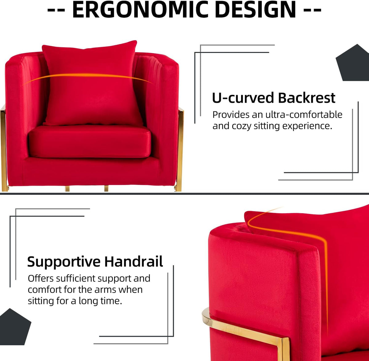 Velvet Accent Barrel Chairs Set of 2, Modern Arm Club Chair Set with Pillow for Living Room/Bedroom/Guest Reception, Channel Tufted, Gold Finish Base, Red