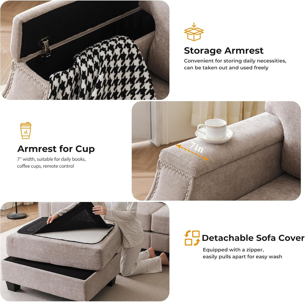 85" Sectional Sofa Couch with Storage Ottoman,L Shaped Couch with Armrest Organizer,3-Seater Sofa,Small Modular Couches for Living Room,Bedroom,Apartment,Chenille,Khaki