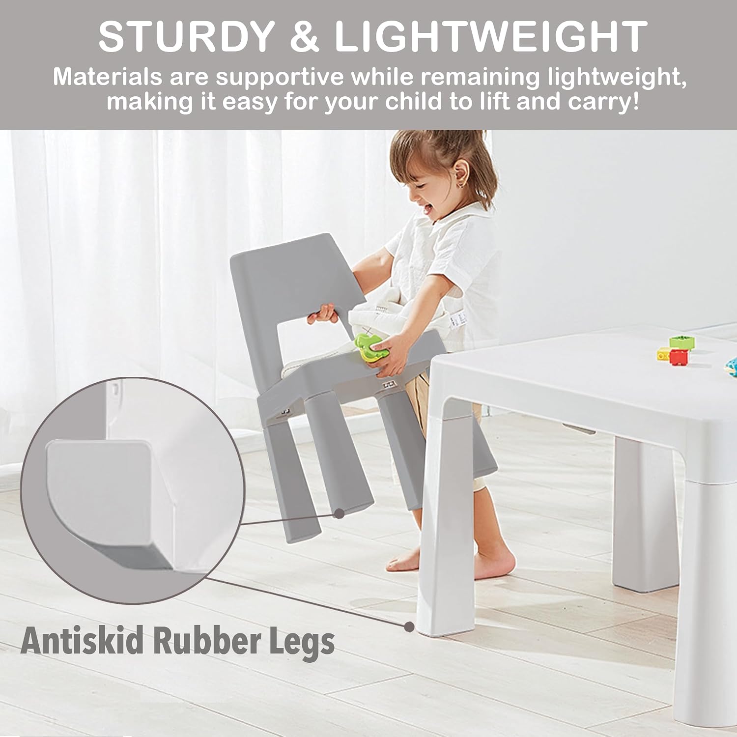 Little Twig 3-Piece Height Adjustable Kids Table and Chairs Set – Built-in Storage Drawers, Modern Design, Easy to Clean, Perfect for Eating, Activities, or Studying (Gray)