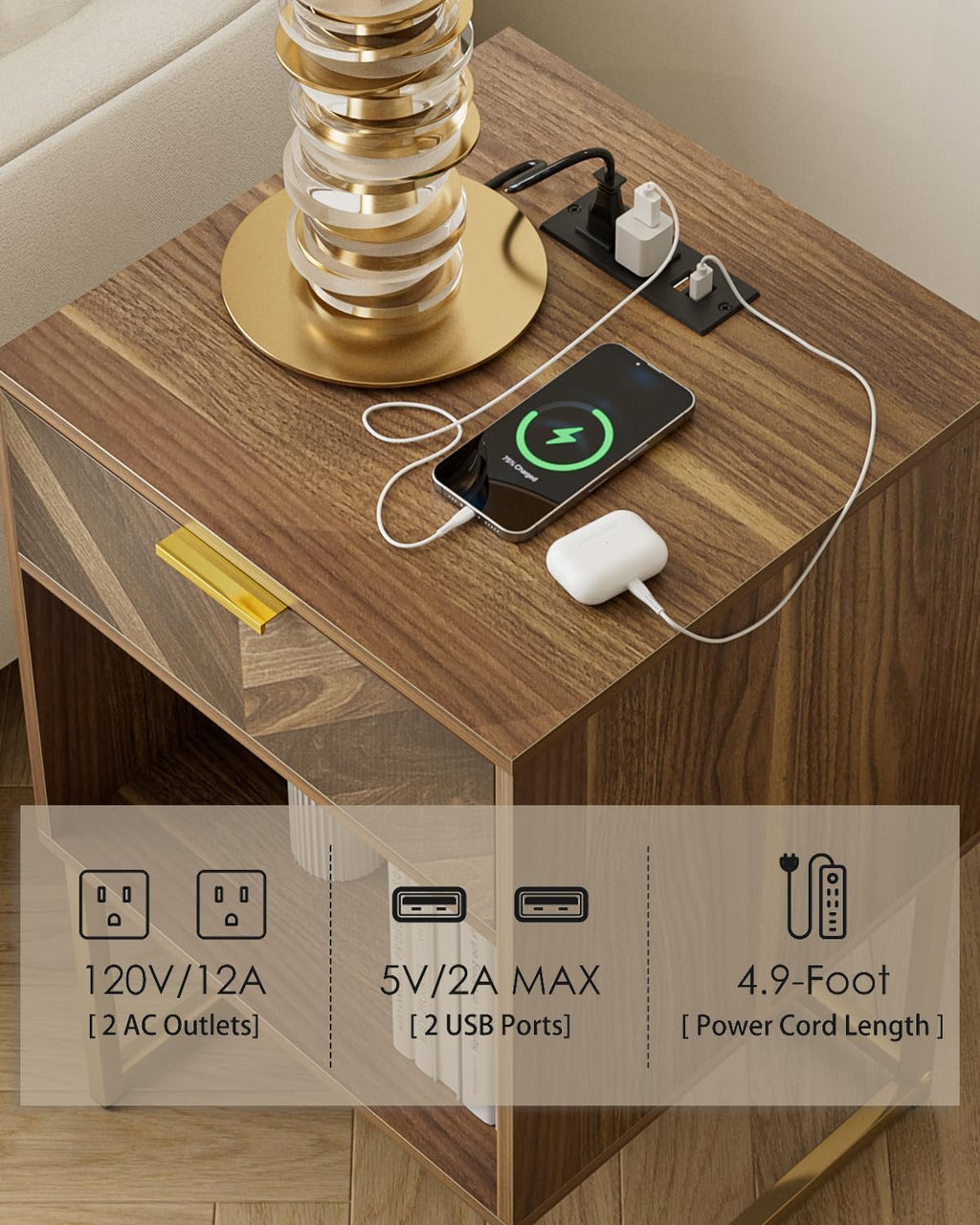 Nightstand with Charging Station,Modern Night Stand Boho Farmhouse Wood Bedside Table with Storage Drawer and Open Shelf,Side End Table for Bedroom,Living Room,Walnut