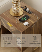 Nightstand with Charging Station,Modern Night Stand Boho Farmhouse Wood Bedside Table with Storage Drawer and Open Shelf,Side End Table for Bedroom,Living Room,Walnut