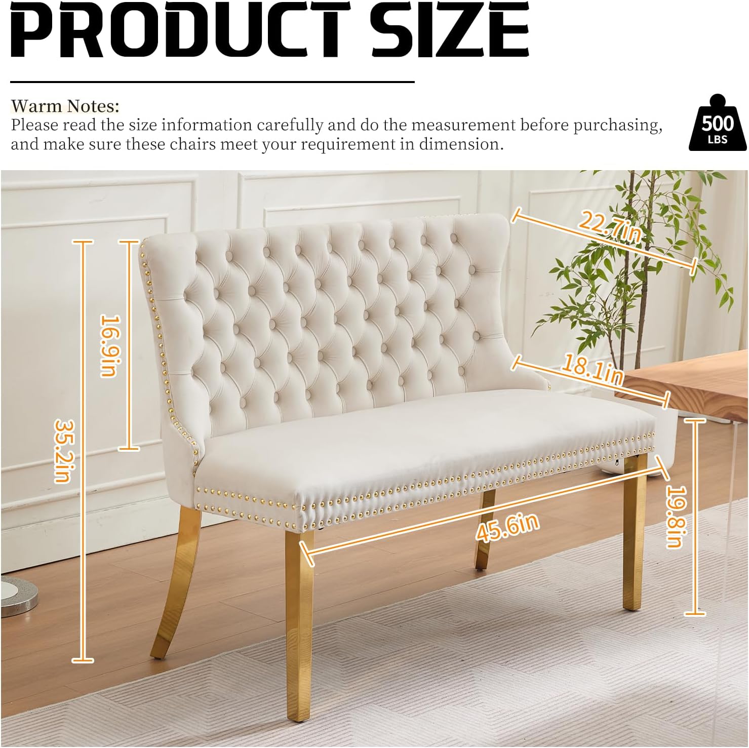 Beige Velvet Dining Bench with Back, Tufted Banquette Seating, Gold Legs | Upholstered loveseat bench; tufted back; nailhead trim; 500 lb capacity; foam and spring seat; dining room or entryway
