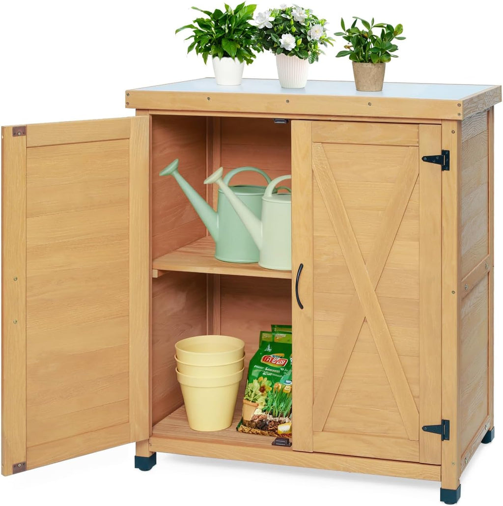 31" Weatherproof Small Storage Cabinet, Storage Cabinets with Sturdy X-Shape Design, Tool Cabinet with Magnetic Door for Patio and Garage, Light Brown