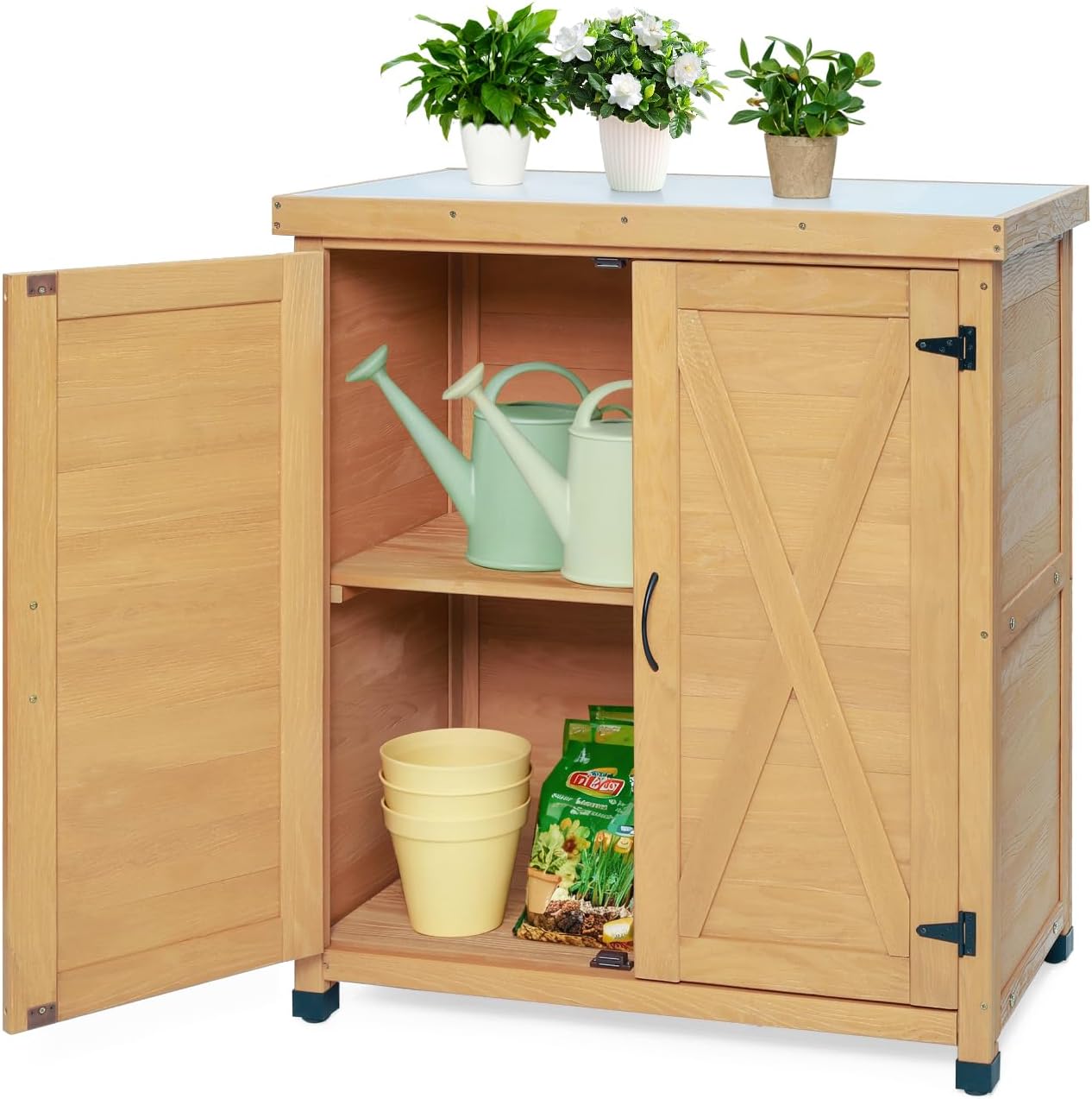 31" Weatherproof Small Storage Cabinet, Storage Cabinets with Sturdy X-Shape Design, Tool Cabinet with Magnetic Door for Patio and Garage, Light Brown