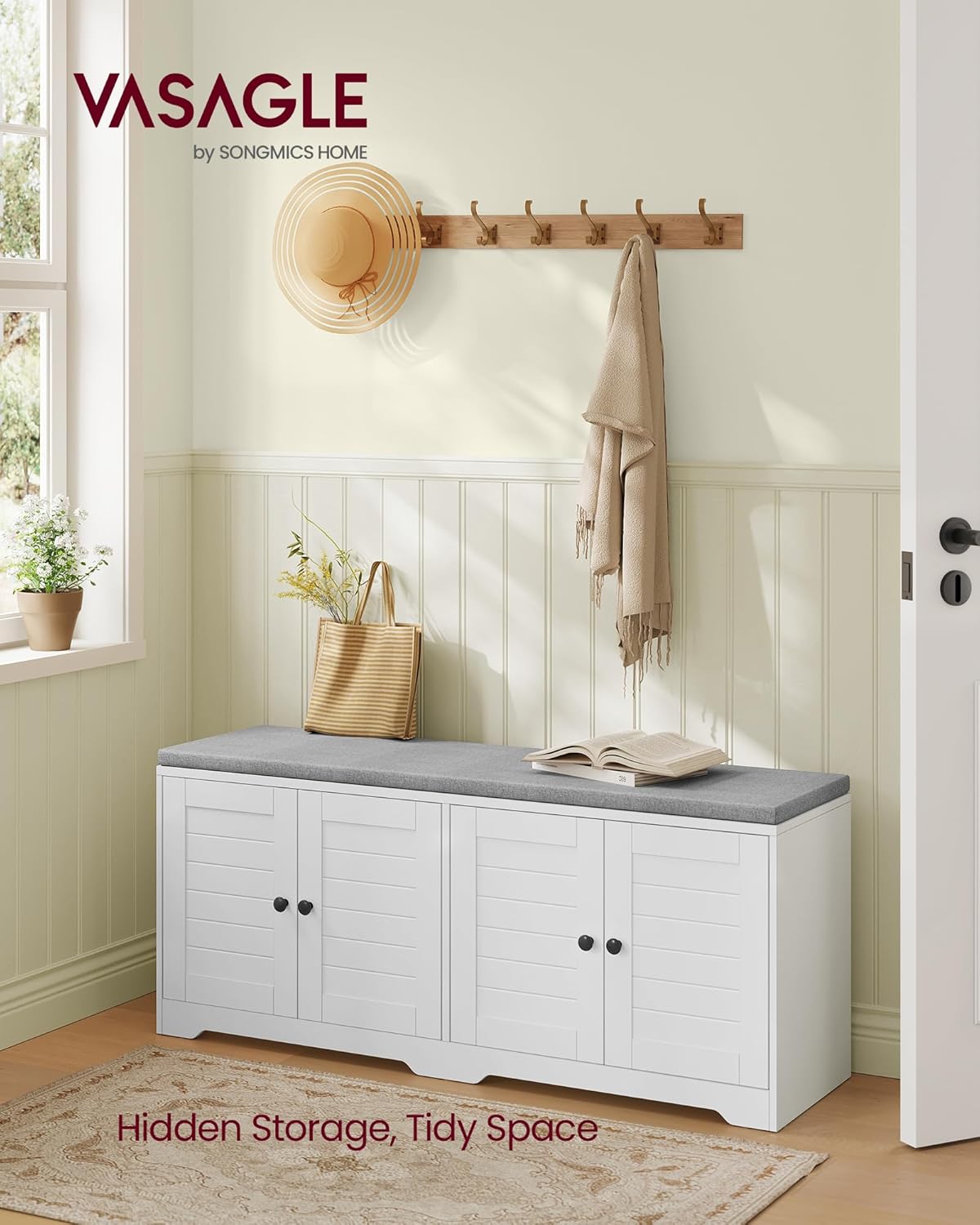 VASAGLE Shoe Storage Bench with Cushion, 3-Tier Entryway Bench with Padded Seat, Doors, Adjustable Shelves, 14 x 47.6 x 20.7 Inches, for Hallway, Bedroom, Cloud White and Dove Gray ULSB048WB01