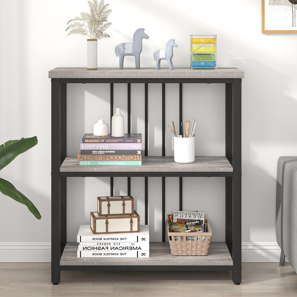 FOLUBAN 3 Tier Bookshelf, Short Bookcase for Small Space, Modern Wooden and Metal Book Shelf for Living Room Bedroom Office (Light Grey Oak)