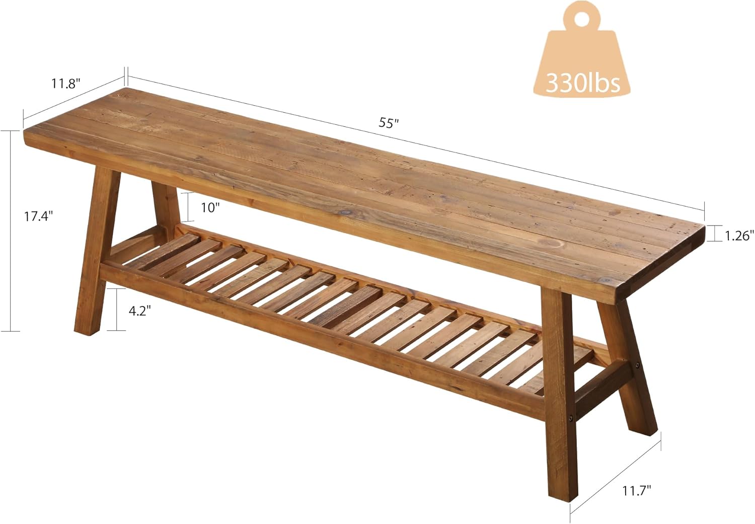 HOKYHOKY Reclaimed Solid Wood Bench-55 Entryway Bench with Storage Shelf | Farmhouse Narrow Rustic Bench, Hallway, Kitchen, Bedroom, Dining, Indoor