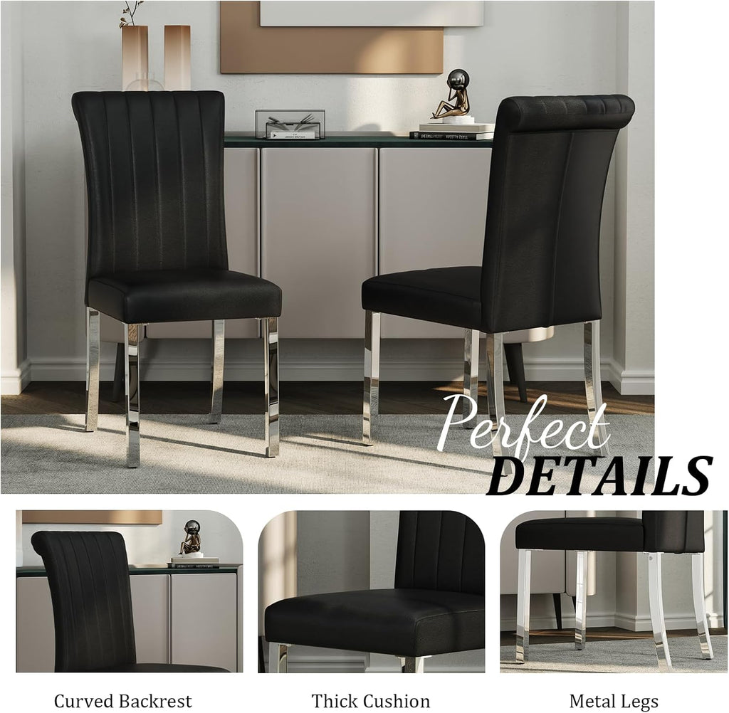 ACEDÉCOR Modern Dining Chairs Set of 4, Black Leather Dining Room Chairs with Silver Stainless Steel Legs, Upholstered Chairs with High Back and Metal Chrome Legs for Kitchen/Living Room/Restaurant
