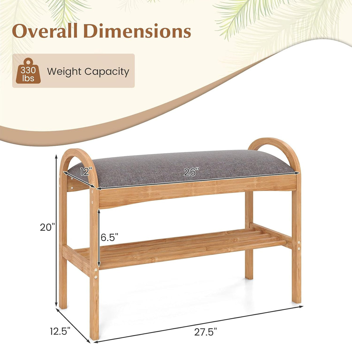 Giantex Shoe Rack Bench, Bamboo 2-Tier Entryway Bench with Padded Cushion, Shoe Storage Bench for Hallway, Closet, Foyer, Living Room, Bedroom, Mudroom