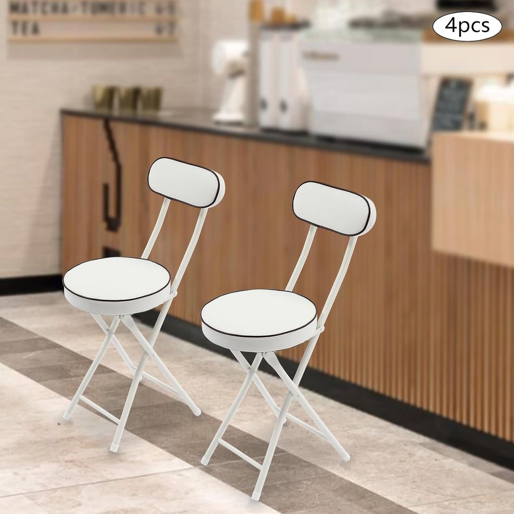 Foldable Chair 4pcs Steel High Portable Folding Indoor Counter Bar Stool Cushioned Padded Stools Seating with Backrest for Kitchen Island Shop Cafe Workshop, Studio- Load 275lbs (White)