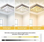 FRIXCHUR 10.6" Modern Crystal Chandeliers Square Crystal Ceiling Light LED Chandelier with Remote Control Mini Bedroom Flush Mount Ceiling Lights Fixture for Kitchen Hallway Dining Room (Dimmable)