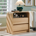 Aitjunz 25" Tall Modern Nightstand Set of 2, 23.6'' Wide Wood Bedside Table w/2 Storage Drawers, Charging Station, Mid Century End Table for Bedroom, Living Room,Curved Profile Design, Natural Oak