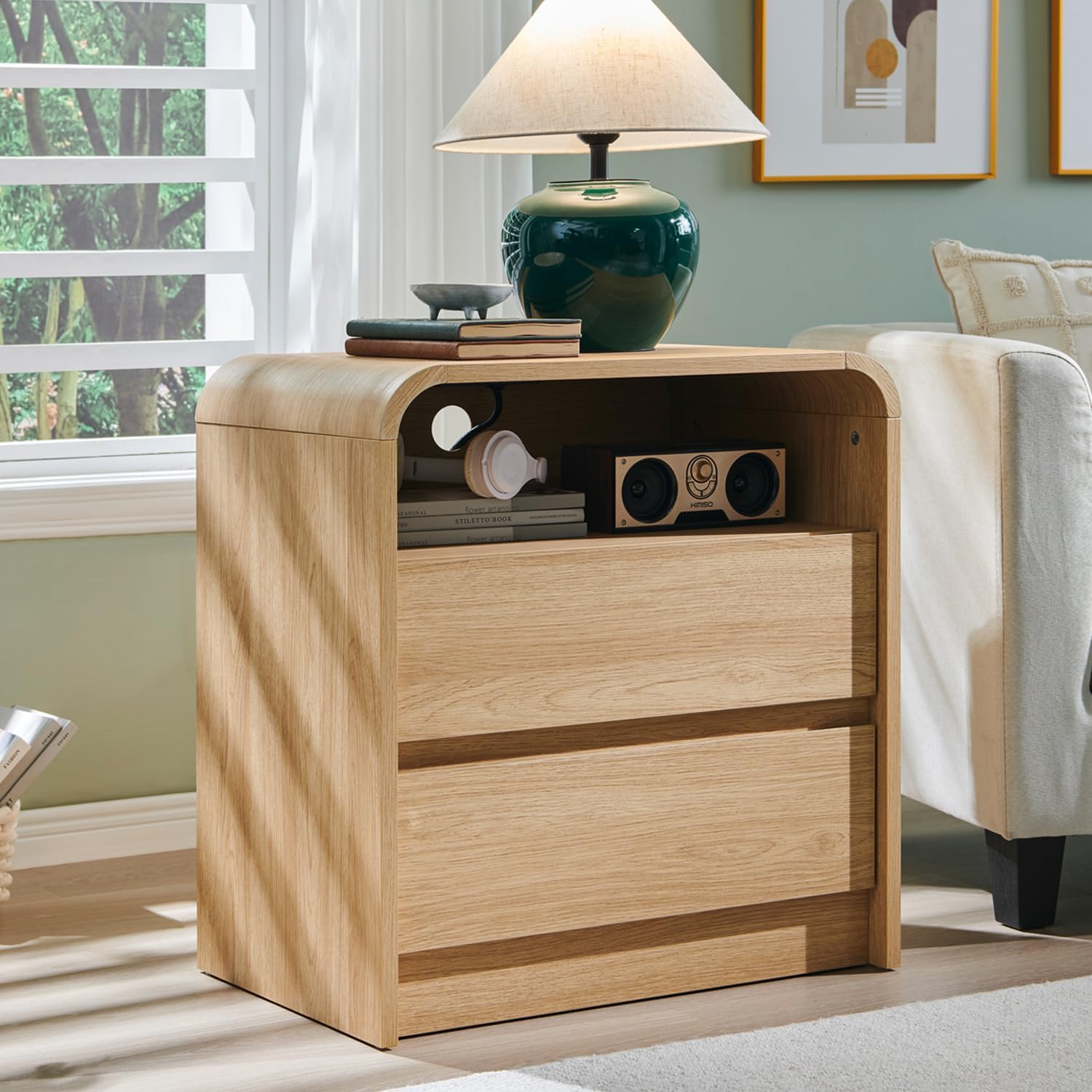 Aitjunz 25" Tall Modern Nightstand Set of 2, 23.6'' Wide Wood Bedside Table w/2 Storage Drawers, Charging Station, Mid Century End Table for Bedroom, Living Room,Curved Profile Design, Natural Oak