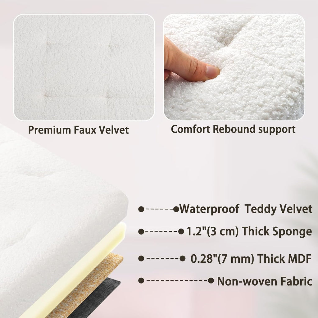 Storage Ottoman Bench, 34" Teddy Velvet Folding Foot Rest, White | Large Ottoman with Storage, Thicker Foam Padded Seat, 34 x 13 x 13in, Livingroom, Dorm, Bedroom, Easy to install, 86L