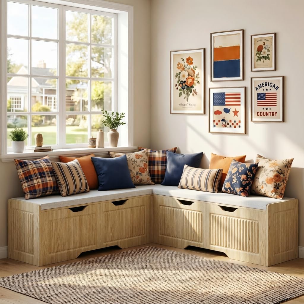 L Shaped Corner Storage Bench with Cushion, Kitchen Breakfast Nook Bench with Lift Top Hidden Storage, Wood Flip-Top Shoe Benches for Entryway Dining Room, Kitchen, Bedroom (Oak)