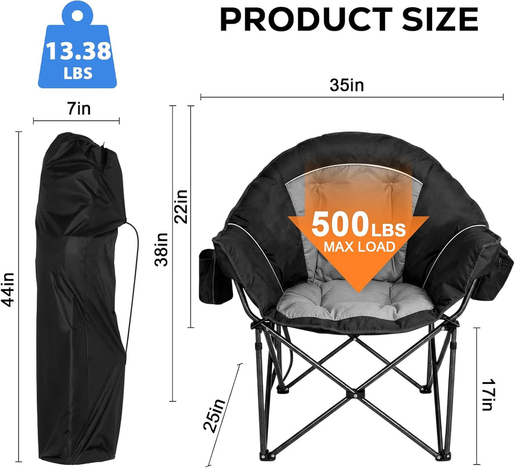 Romswi 2Pcs Oversized XL Padded Camping Chair for Adults, 500lbs Support Heavy-Duty Padded Folding Chair with Side Pocket Cup Holder, Wide&Thick, for Outdoor,Black