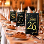 Wedding Table Numbers 1-30 with Head Table Card, Black & Gold Cards and Holders, 1 Set of 31 for Wedding Reception