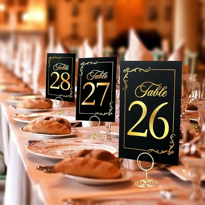 Wedding Table Numbers 1-30 with Head Table Card, Black & Gold Cards and Holders, 1 Set of 31 for Wedding Reception