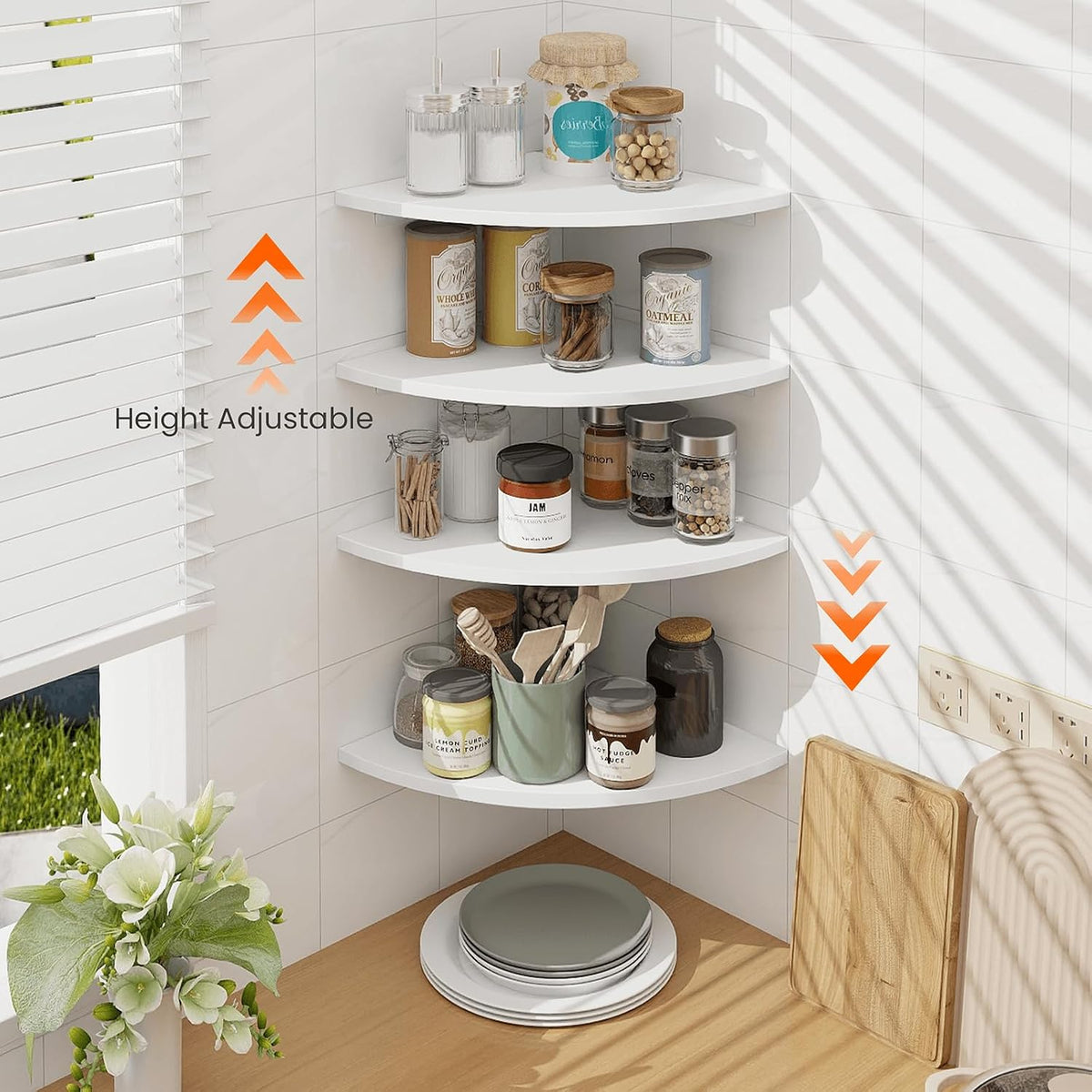 Homode Corner Floating Shelves, Set of 4 Round Corner Shelf Wall Mount with Cord Hole, 12 Inch Wood Curved Corner Hanging Shelf for Cable Box, Speaker, TV Cords, Books, Plants, White