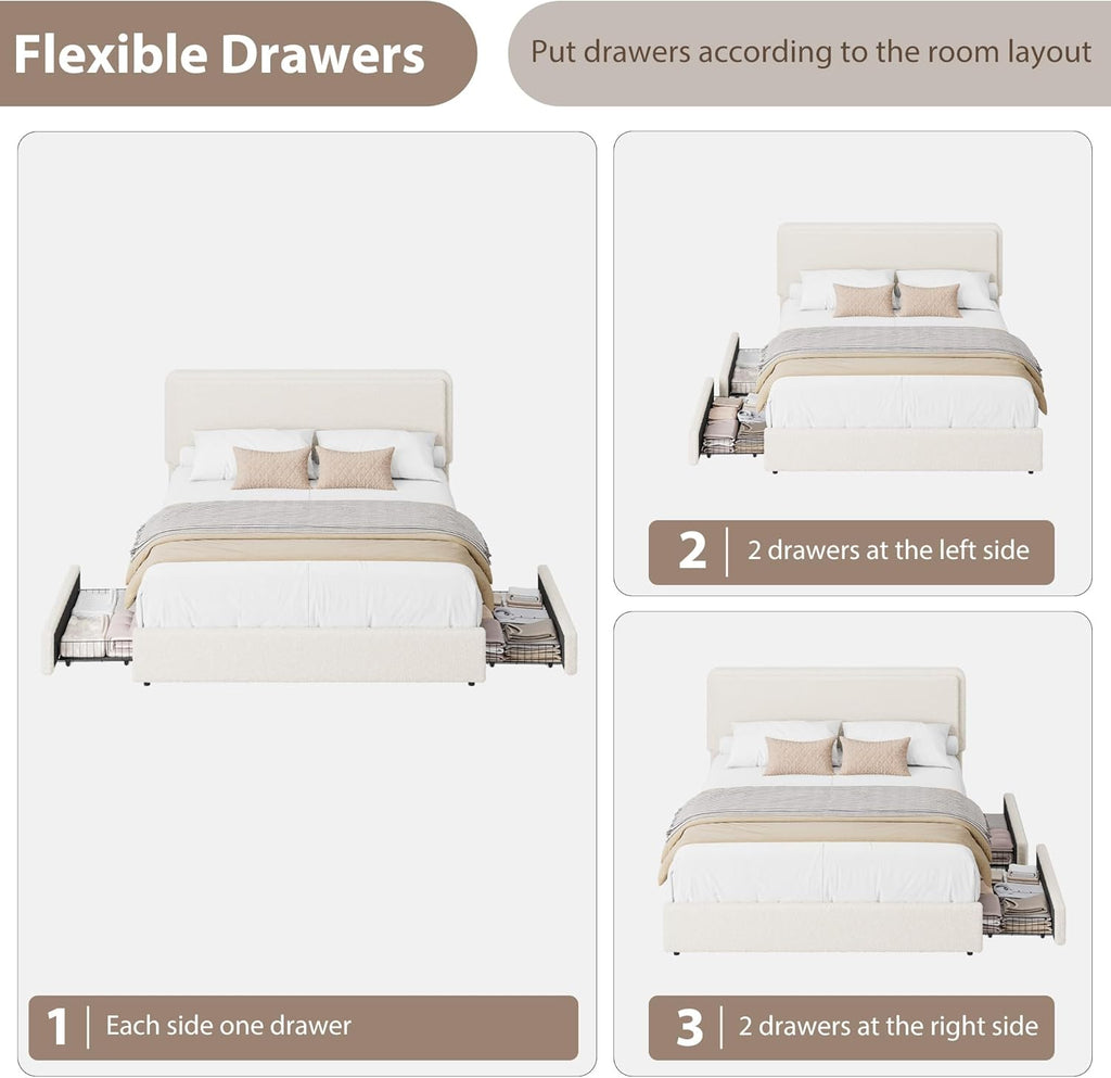 GarveeHome Queen Size Bed Frame with 2 Storage Drawer, Cream Beige