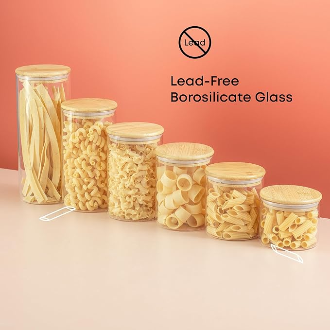 JoyJolt Borosilicate Glass Jars With Bamboo Lids. 6 Pc Set of Air Tight Sealable Containers. Food Jar Canisters with Airtight Lid for Pantry Storage and Kitchen Organization.