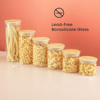 JoyJolt Borosilicate Glass Jars With Bamboo Lids. 6 Pc Set of Air Tight Sealable Containers. Food Jar Canisters with Airtight Lid for Pantry Storage and Kitchen Organization.